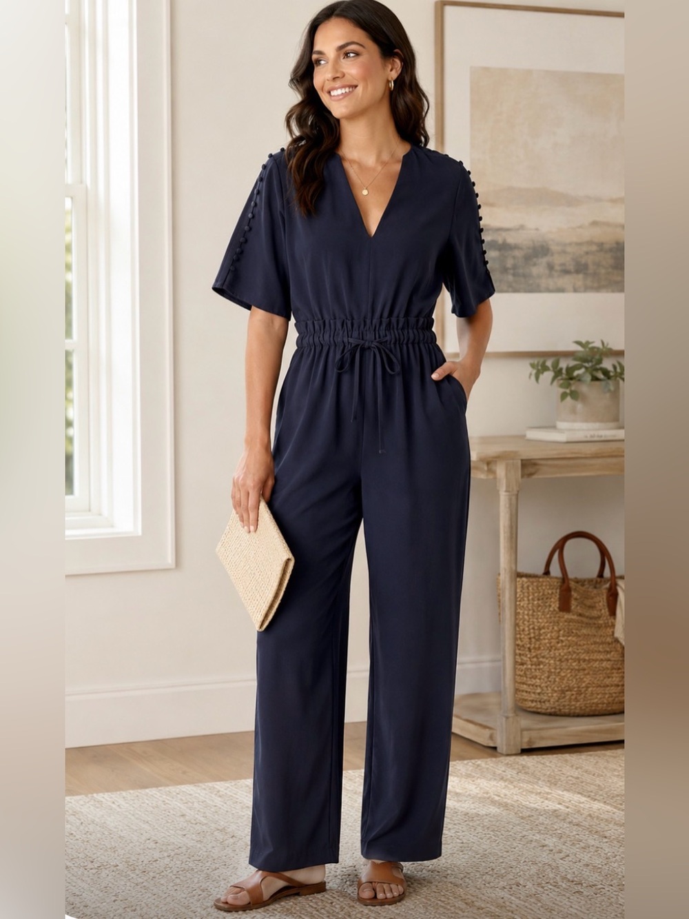 Zara Navy Short-Sleeve Jumpsuit Medium
